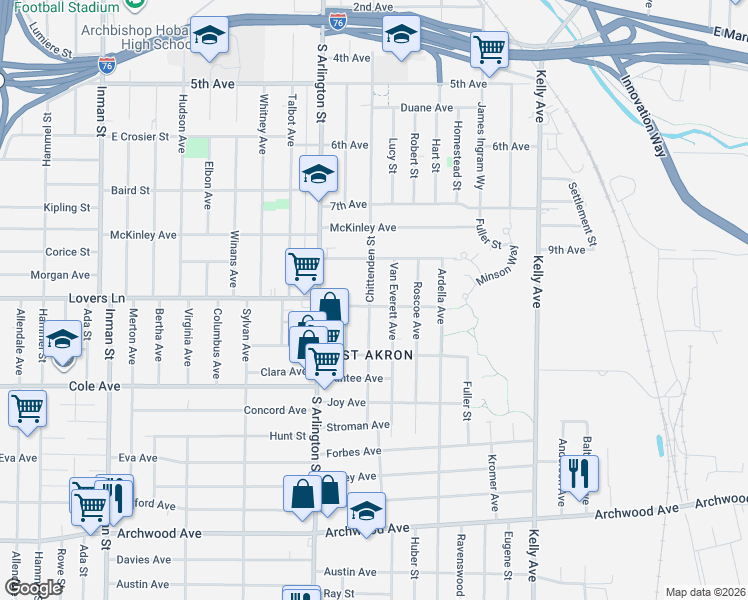 map of restaurants, bars, coffee shops, grocery stores, and more near 560 Chittenden Street in Akron
