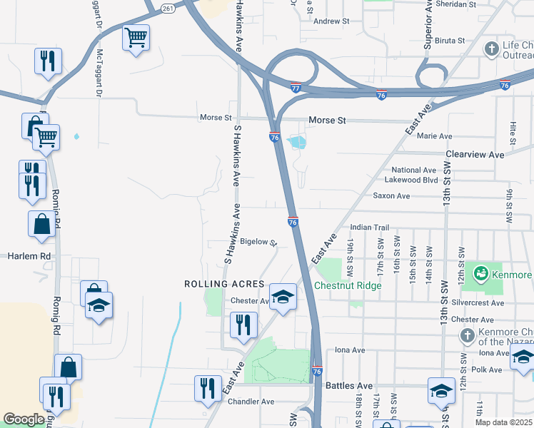 map of restaurants, bars, coffee shops, grocery stores, and more near 1165 Jason Avenue in Akron