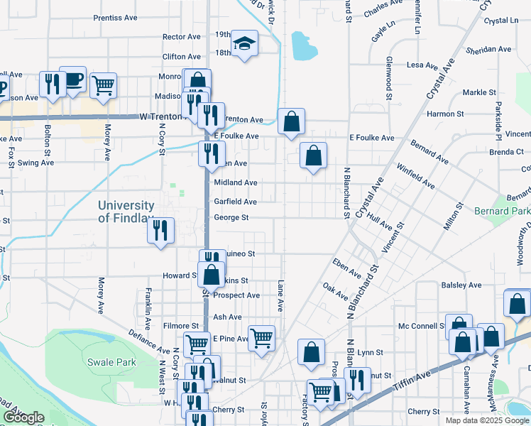 map of restaurants, bars, coffee shops, grocery stores, and more near 230 Garfield Avenue in Findlay