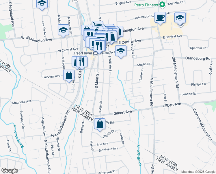 map of restaurants, bars, coffee shops, grocery stores, and more near 135 South William Street in Pearl River