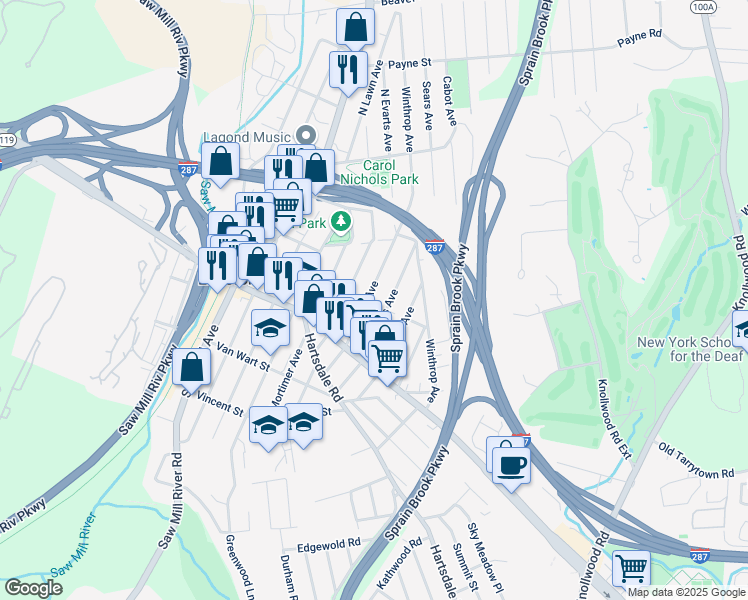 map of restaurants, bars, coffee shops, grocery stores, and more near 24 North Evarts Avenue in Elmsford