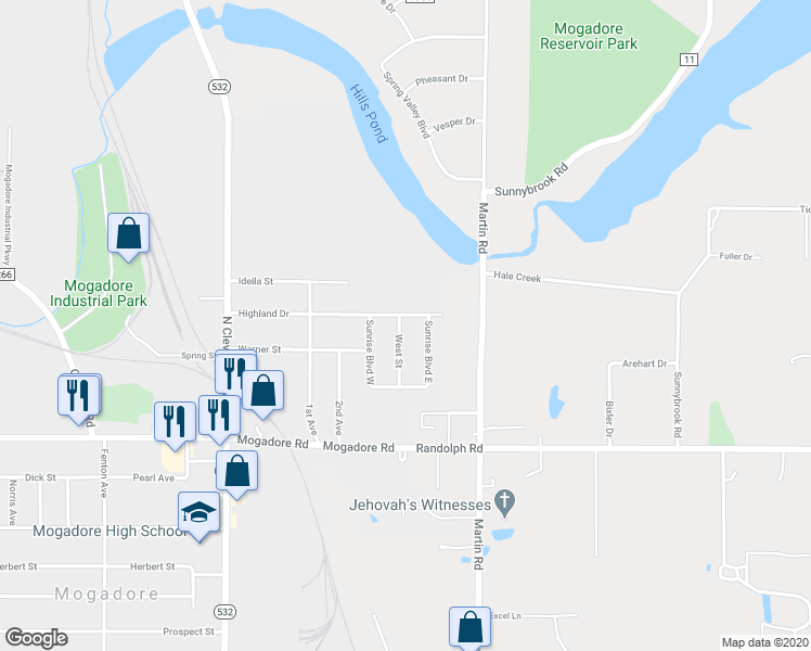map of restaurants, bars, coffee shops, grocery stores, and more near 125 West Avenue in Mogadore
