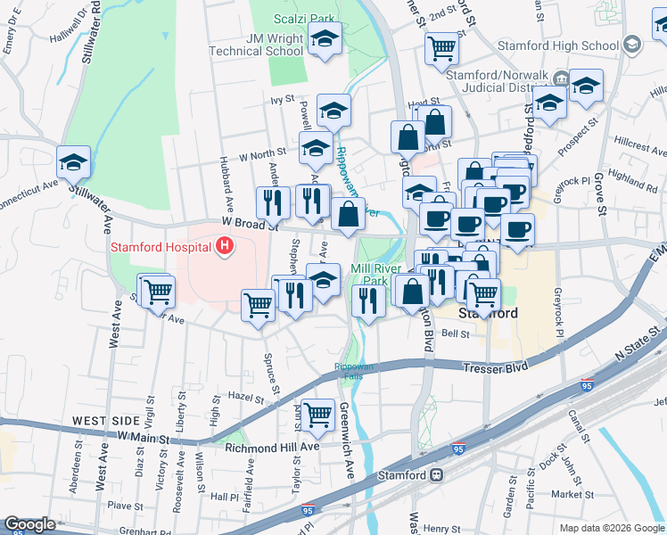 map of restaurants, bars, coffee shops, grocery stores, and more near 80 Mill River Street in Stamford