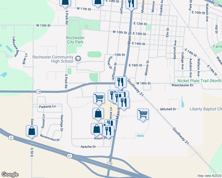 map of restaurants, bars, coffee shops, grocery stores, and more near 147-243 W 18th St in Rochester