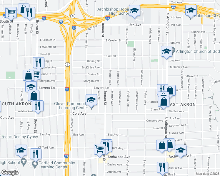 map of restaurants, bars, coffee shops, grocery stores, and more near 813 Lovers Lane in Akron