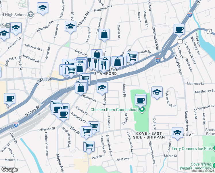 map of restaurants, bars, coffee shops, grocery stores, and more near 34 Lockwood Avenue in Stamford