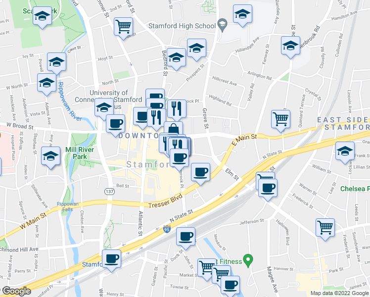 map of restaurants, bars, coffee shops, grocery stores, and more near in Stamford