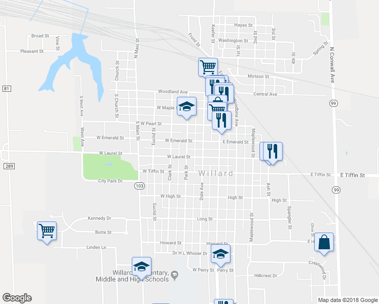 map of restaurants, bars, coffee shops, grocery stores, and more near 319 Park Street in Willard