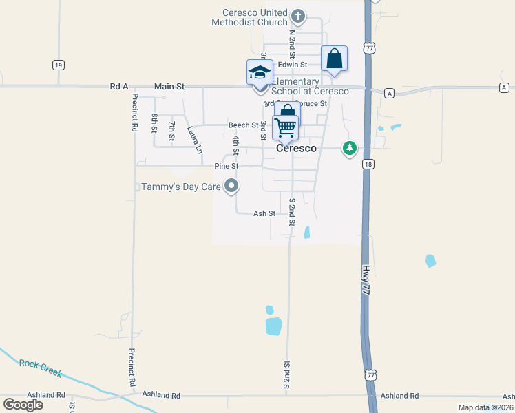 map of restaurants, bars, coffee shops, grocery stores, and more near 219 Oak Street in Ceresco