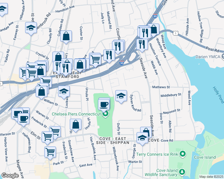 map of restaurants, bars, coffee shops, grocery stores, and more near 126 Blachley Road in Stamford