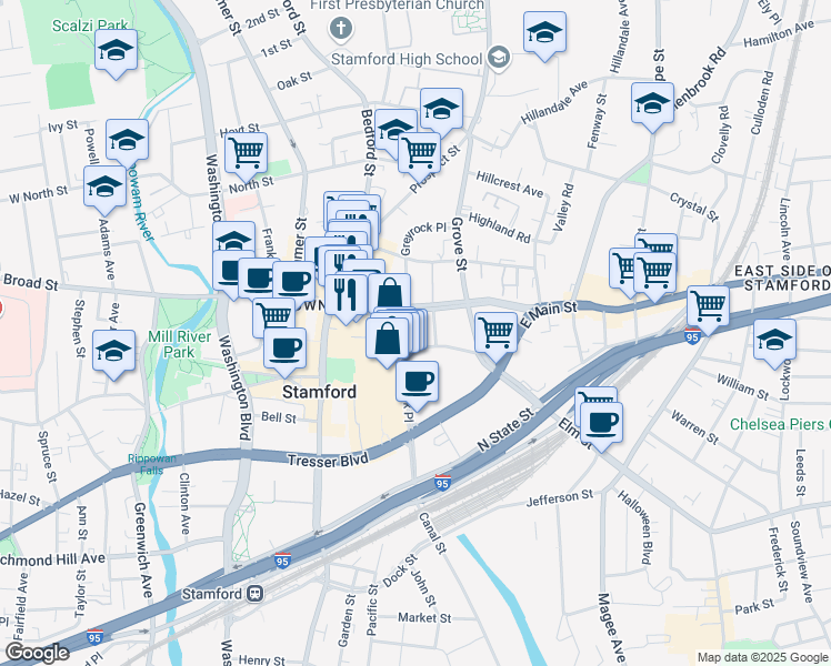 map of restaurants, bars, coffee shops, grocery stores, and more near in Stamford