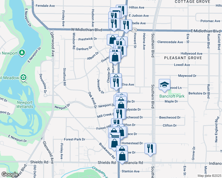 map of restaurants, bars, coffee shops, grocery stores, and more near 4337 Chester Drive in Youngstown