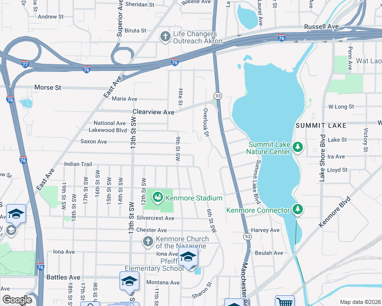 map of restaurants, bars, coffee shops, grocery stores, and more near 720 Saxon Avenue in Akron