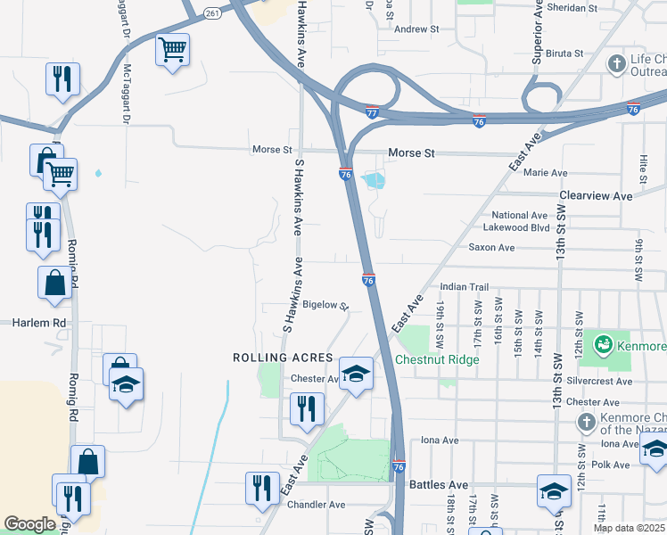 map of restaurants, bars, coffee shops, grocery stores, and more near 1165 Jason Avenue in Akron