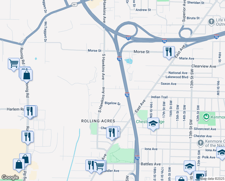 map of restaurants, bars, coffee shops, grocery stores, and more near 1165 Jason Avenue in Akron