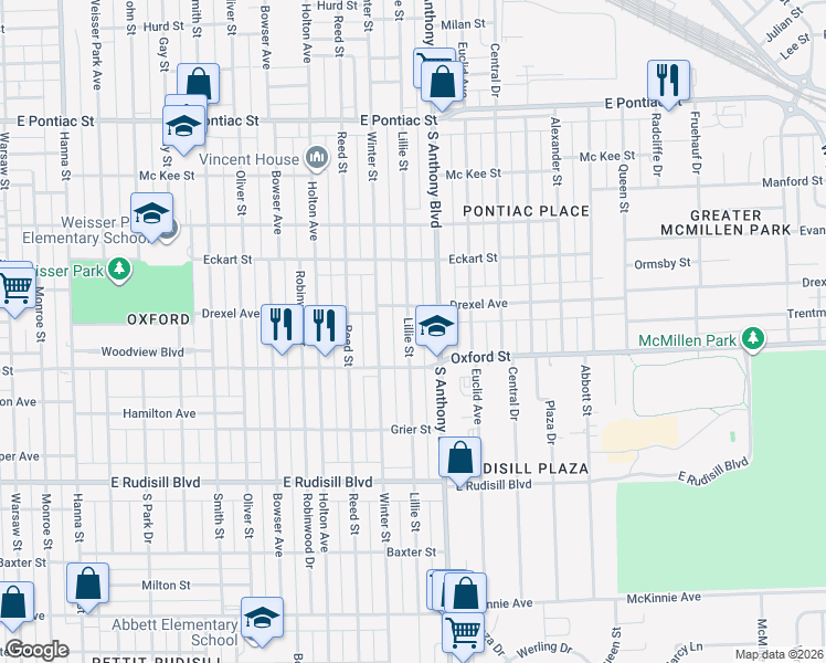 map of restaurants, bars, coffee shops, grocery stores, and more near 3307 Lillie Street in Fort Wayne