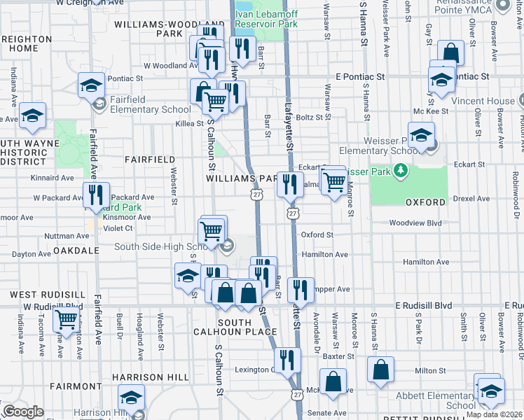 map of restaurants, bars, coffee shops, grocery stores, and more near 3236 Barr Street in Fort Wayne