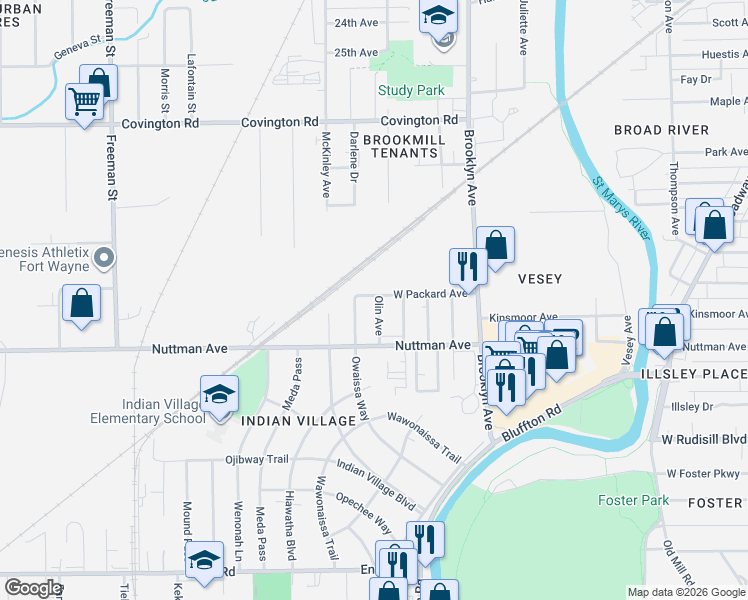 map of restaurants, bars, coffee shops, grocery stores, and more near 2264-2328 West Packard Avenue in Fort Wayne