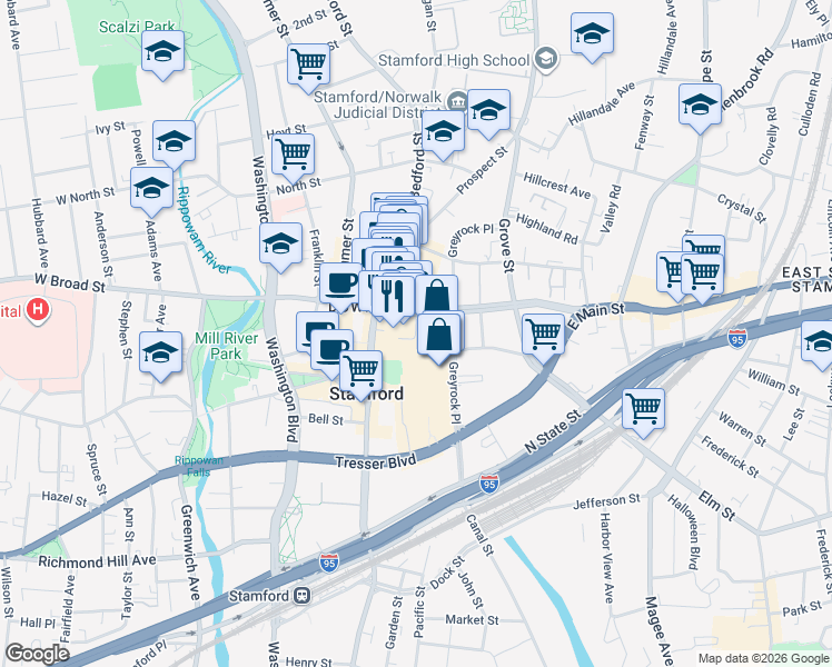 map of restaurants, bars, coffee shops, grocery stores, and more near Landmark Square in Stamford
