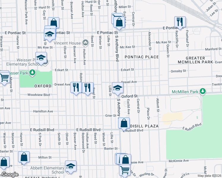 map of restaurants, bars, coffee shops, grocery stores, and more near 3307 Lillie Street in Fort Wayne