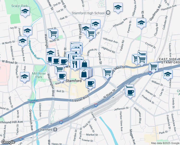 map of restaurants, bars, coffee shops, grocery stores, and more near in Stamford