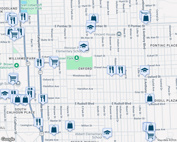 map of restaurants, bars, coffee shops, grocery stores, and more near 934 Drexel Avenue in Fort Wayne