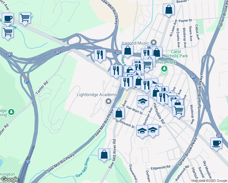 map of restaurants, bars, coffee shops, grocery stores, and more near 25 Valley Avenue in Elmsford
