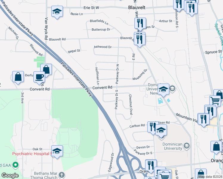 map of restaurants, bars, coffee shops, grocery stores, and more near 34 Convent Road in Blauvelt