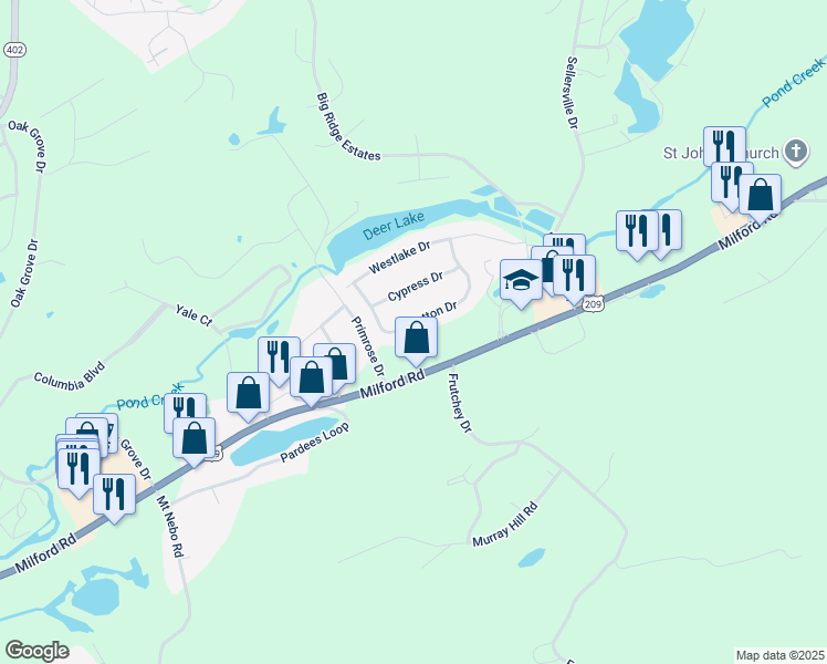 map of restaurants, bars, coffee shops, grocery stores, and more near 638 Stratton Drive in East Stroudsburg