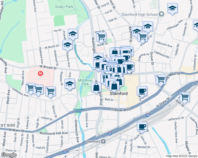 map of restaurants, bars, coffee shops, grocery stores, and more near 1055 Washington Boulevard in Stamford