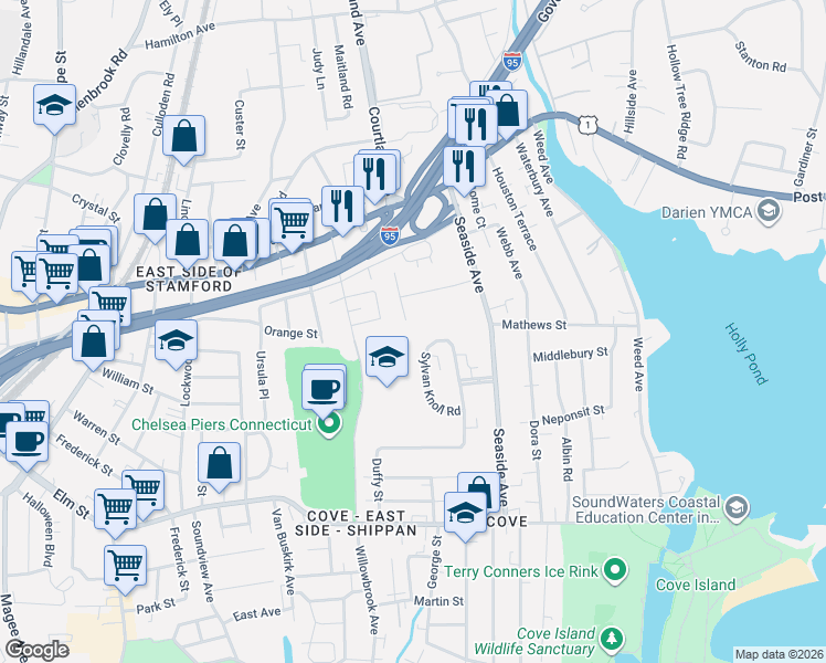 map of restaurants, bars, coffee shops, grocery stores, and more near 47 Hearthstone Court in Stamford