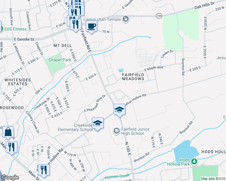 map of restaurants, bars, coffee shops, grocery stores, and more near 3 East Alfred Avenue in Kaysville