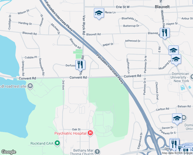 map of restaurants, bars, coffee shops, grocery stores, and more near 227 Convent Road in Blauvelt