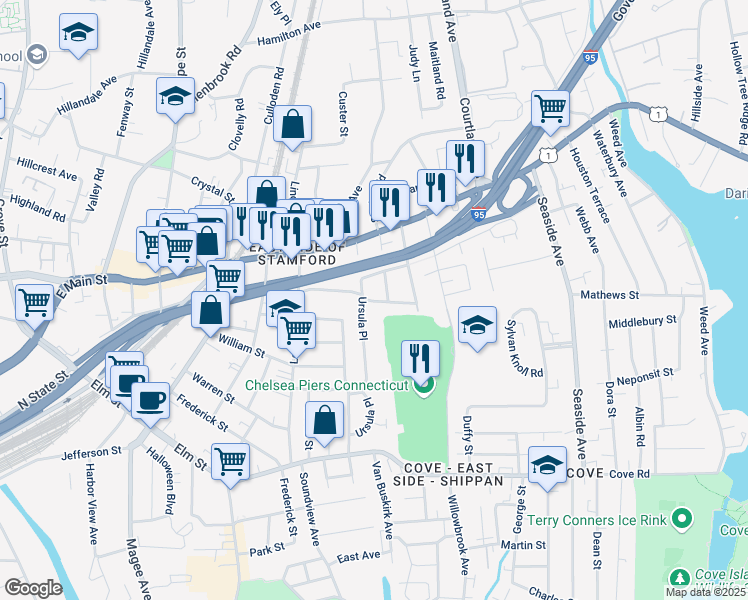 map of restaurants, bars, coffee shops, grocery stores, and more near 49 Stafford Road in Stamford