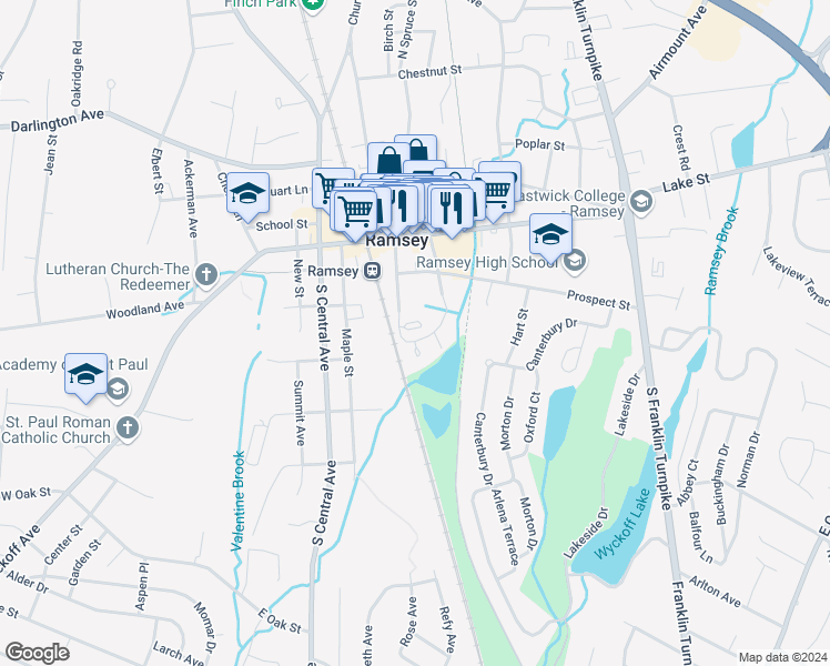 map of restaurants, bars, coffee shops, grocery stores, and more near 10 Spruce Run in Ramsey