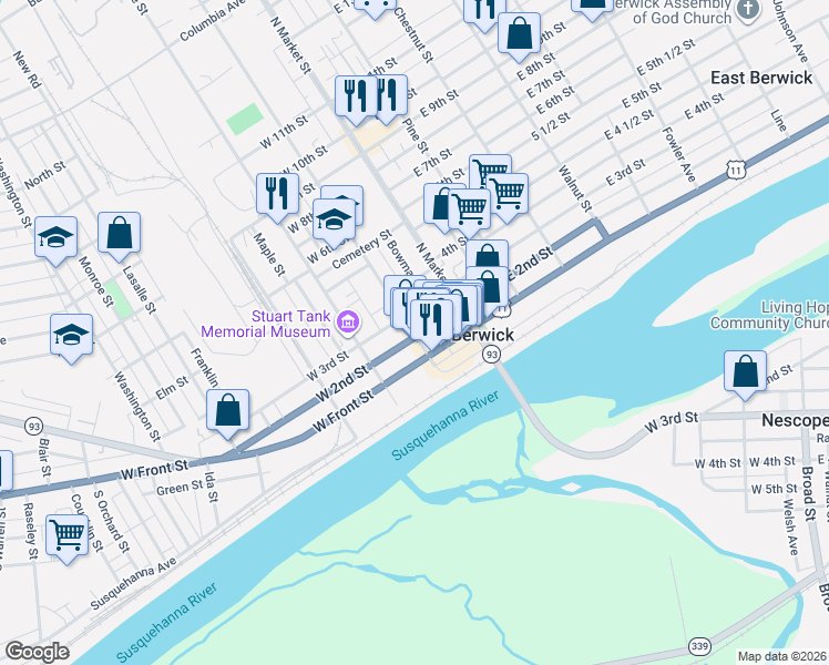 map of restaurants, bars, coffee shops, grocery stores, and more near 210212 North Mulberry Street in Berwick