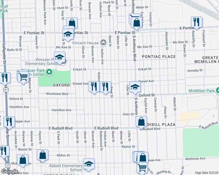 map of restaurants, bars, coffee shops, grocery stores, and more near 1434 Drexel Avenue in Fort Wayne