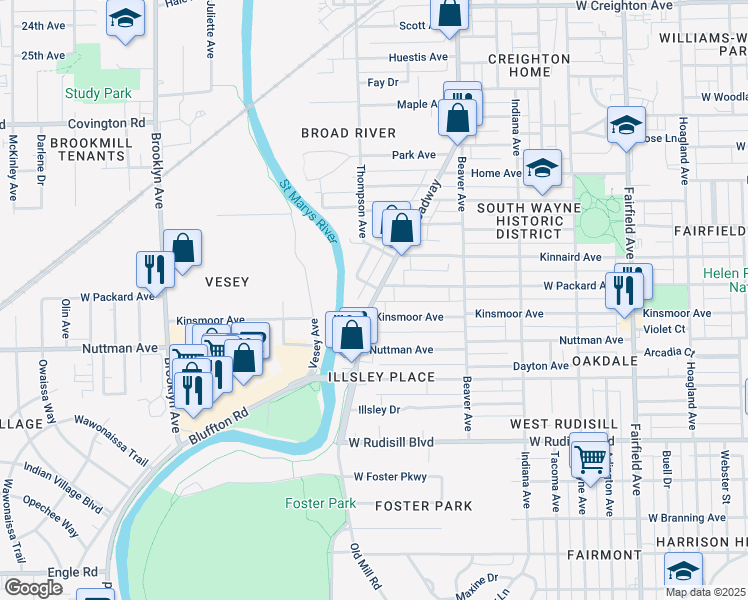 map of restaurants, bars, coffee shops, grocery stores, and more near 1317 West Packard Avenue in Fort Wayne