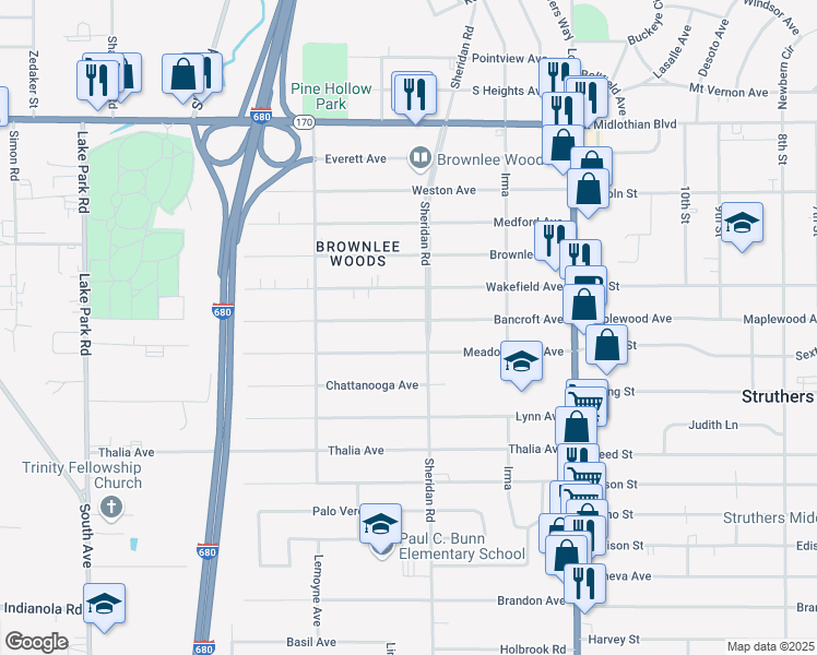 map of restaurants, bars, coffee shops, grocery stores, and more near 1697 Bancroft Avenue in Youngstown