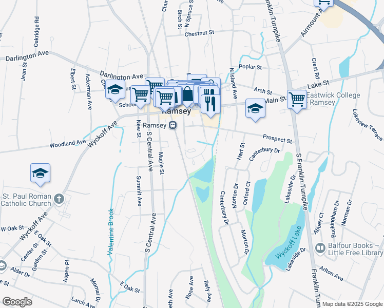 map of restaurants, bars, coffee shops, grocery stores, and more near 10 Spruce Run in Ramsey