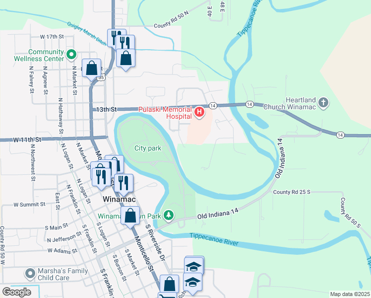 map of restaurants, bars, coffee shops, grocery stores, and more near 13 Th Stamper in Winamac