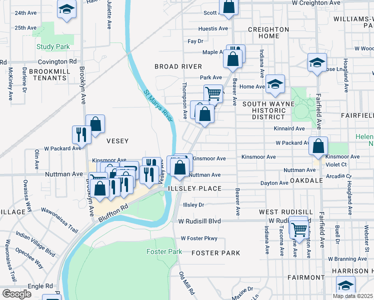 map of restaurants, bars, coffee shops, grocery stores, and more near 3316 Broadway in Fort Wayne