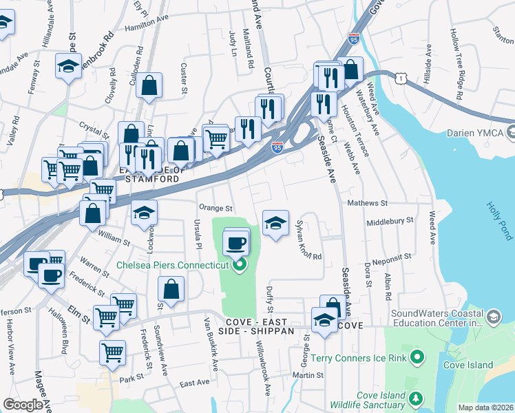 map of restaurants, bars, coffee shops, grocery stores, and more near 126 Blachley Road in Stamford
