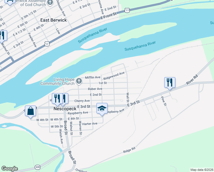 map of restaurants, bars, coffee shops, grocery stores, and more near 835 1st St in Nescopeck