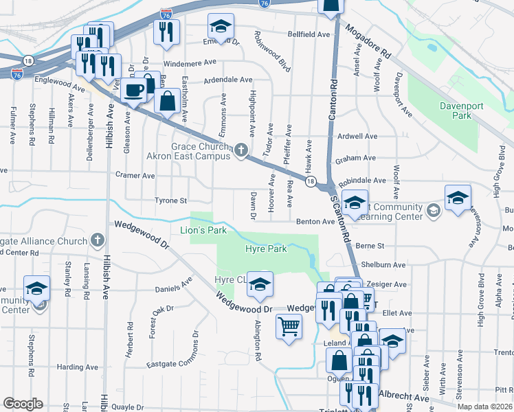 map of restaurants, bars, coffee shops, grocery stores, and more near 335 Dawn Drive in Akron