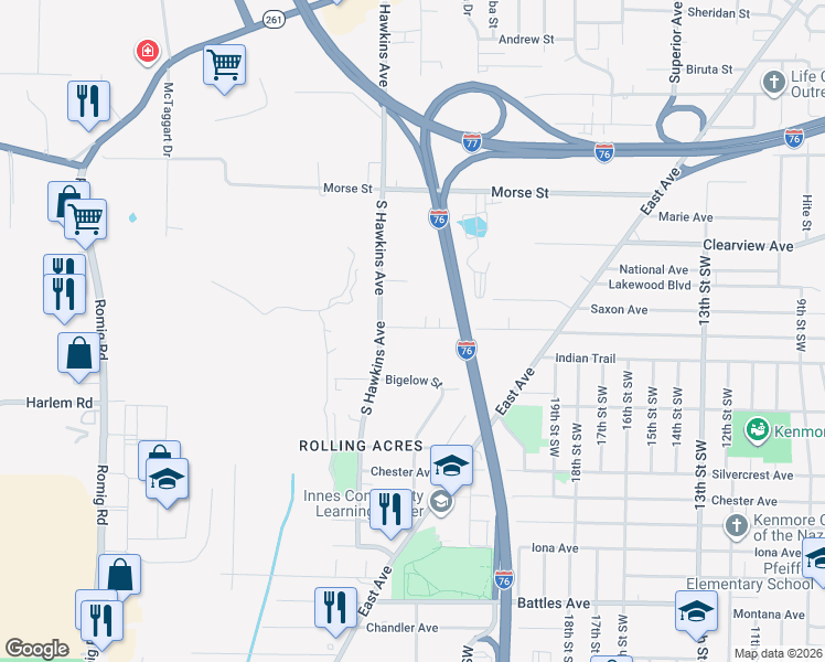map of restaurants, bars, coffee shops, grocery stores, and more near 1165 Jason Avenue in Akron
