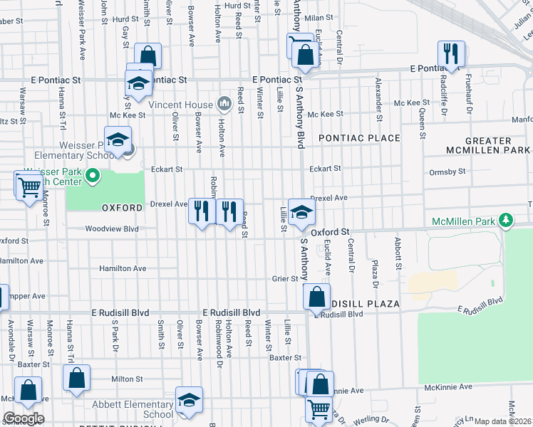 map of restaurants, bars, coffee shops, grocery stores, and more near 3221 Winter Street in Fort Wayne