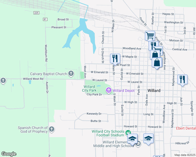 map of restaurants, bars, coffee shops, grocery stores, and more near 555 West Emerald Street in Willard
