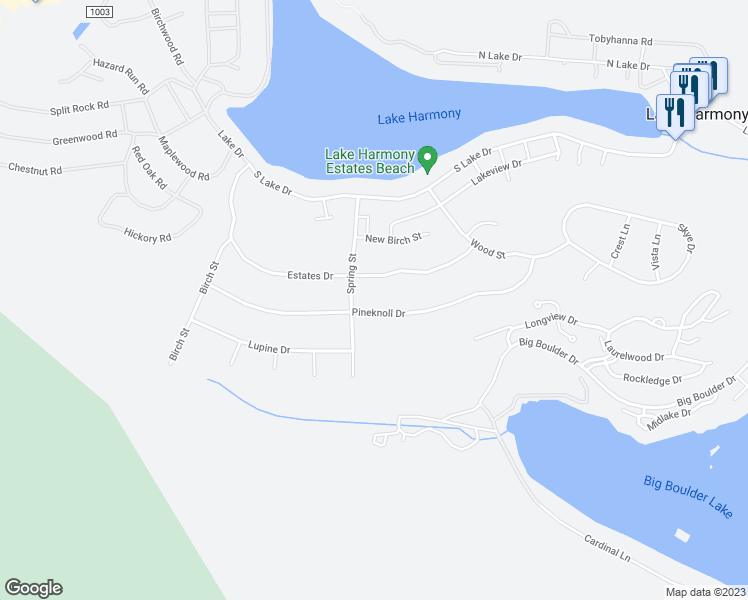 map of restaurants, bars, coffee shops, grocery stores, and more near 82 Pineknoll Drive in Lake Harmony