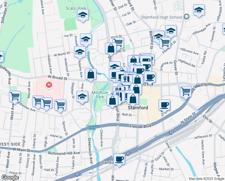 map of restaurants, bars, coffee shops, grocery stores, and more near 1055 Washington Boulevard in Stamford
